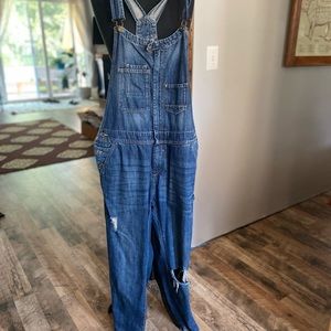 Zip front denim overalls